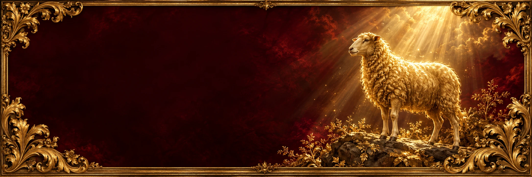 A golden sheep beneath heavenly light, surrounded by an ornate gold frame